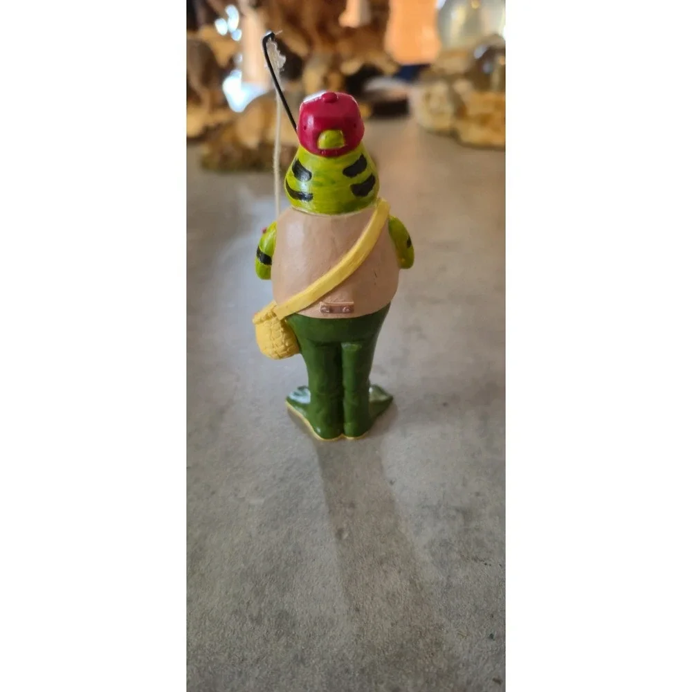Frog Fisherman Figurine w/ Fishing Pole & Feather Lure – Cute Decor!